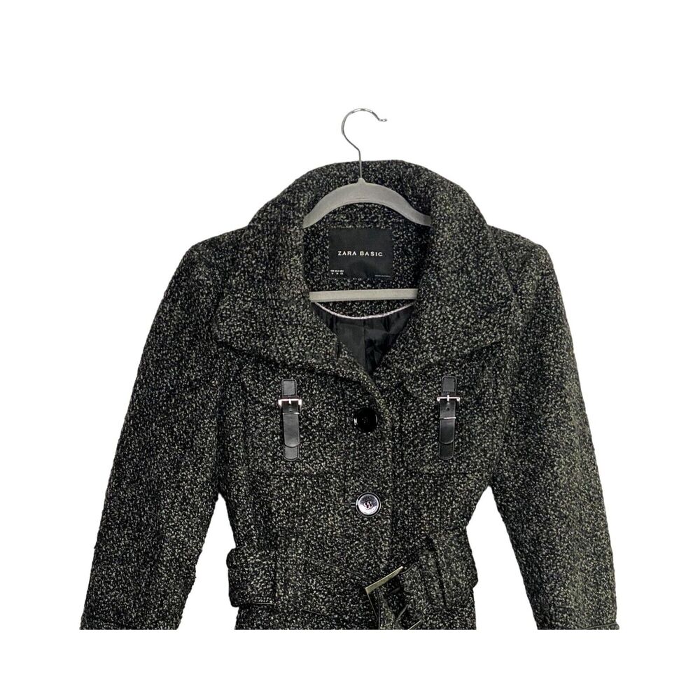 ZARA Wool Blend Long Sleeve Collard Belted Button Up Coat Jacket  M Grey Black - Picture 3 of 15
